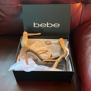 NEW bebe Berdine-G Glitter cork stilettos heel size 8 GLDCK in original box.